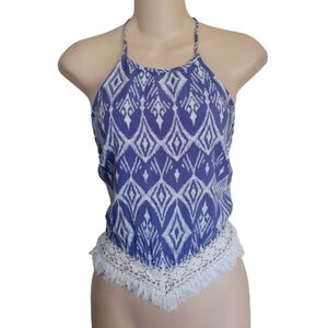 Charlotte Russe Blue White Printed Triangle Halter with Crochet Trim Size Large